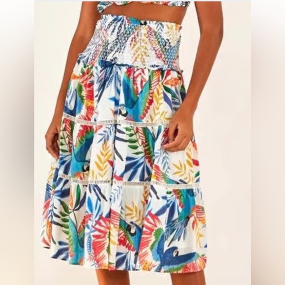 Farm Rio Blue One-Shoulder Crop Top and Macaw Smock Midi Skirt - Picture 2 of 6